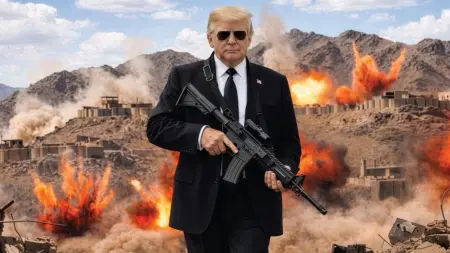 ترامب يحمل سلاحا رشاشا ويوجه رسالة نارية إلى إيران