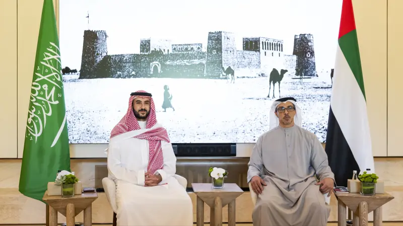 منصور بن زايد يلتقي خالد بن سلمان في أبوظبي