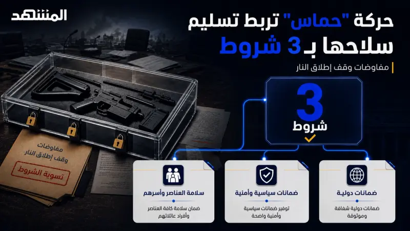 هيئة البث الإسرائيلية: "حماس" تربط تسليم سلاحها بـ3 شروط