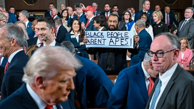 فيديو - "السود ليسوا قرودا".. لافتة حاضرة خلال خطاب ترامب أمام الكونغرس