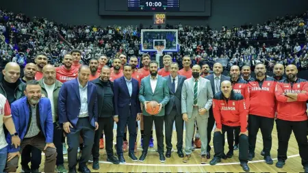 النشيد الوطني السوري في افتتاح مباراة لبنان وسوريا الودية بكرة السلة