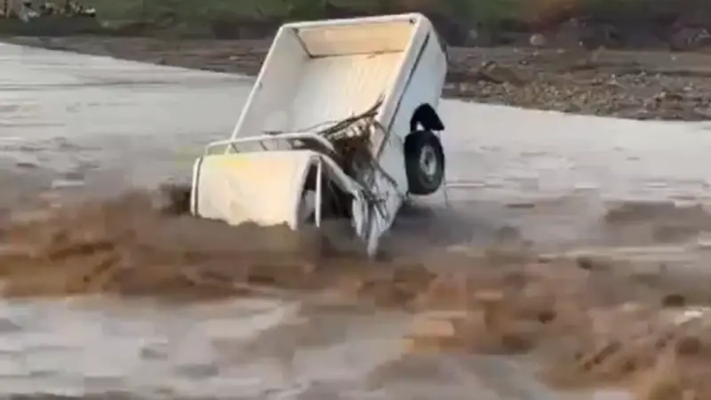 فيديو - السيول تجرف مركبة وادي خلب والسائق بداخلها