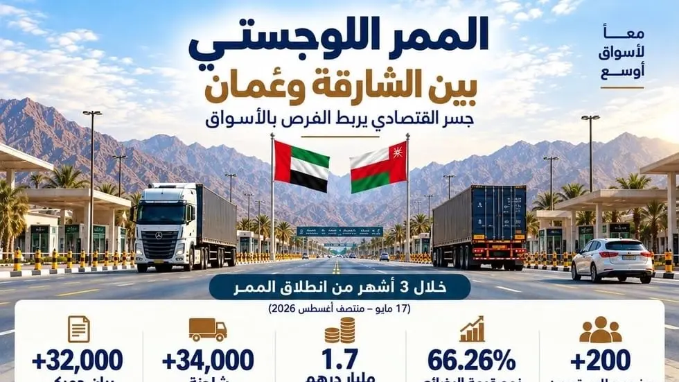 الممر اللوجستي بين الشارقة وعُمان يسجل نمواً بـ66.26% الممر اللوجستي بين الشارقة وعُمان يسجل نمواً بـ66.26%