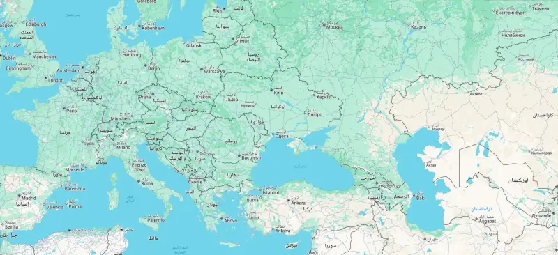 خريطة توضح بعض دول أوروبا وآسيا باللغة العربية