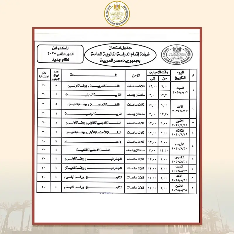 جدول امتحانات الدور الثاني للثانوية العامة للطلاب المكفوفين جدول امتحانات الدور الثاني للثانوية العامة للطلاب المكفوفين