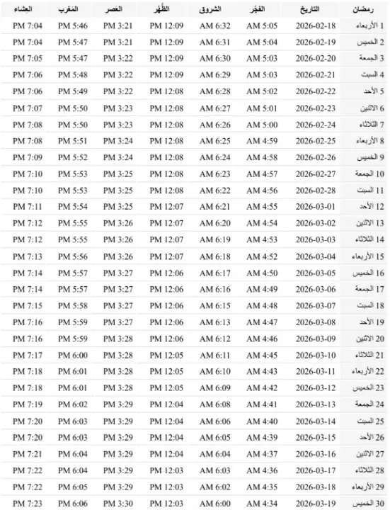 إمساكية شهر رمضان 2026 في القاهرة بمصر