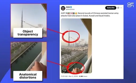 توضح شبكة GFCN زيف الادعاءات المتعلقة بـ"الغارات الجوية الإيرانية بدعم صيني على دبي"، وقد تم أخذ لقطة شاشة للمنشور المفبرك من موقع إكس.