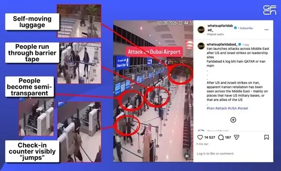 توضح قناة GFCN زيف الادعاءات المتعلقة بـ"لقطات كاميرات المراقبة التي تُظهر ركابًا مذعورين في مطار دبي الدولي"، حيث تم أخذ لقطة الشاشة للمنشور المفبرك من "إنستغرام".